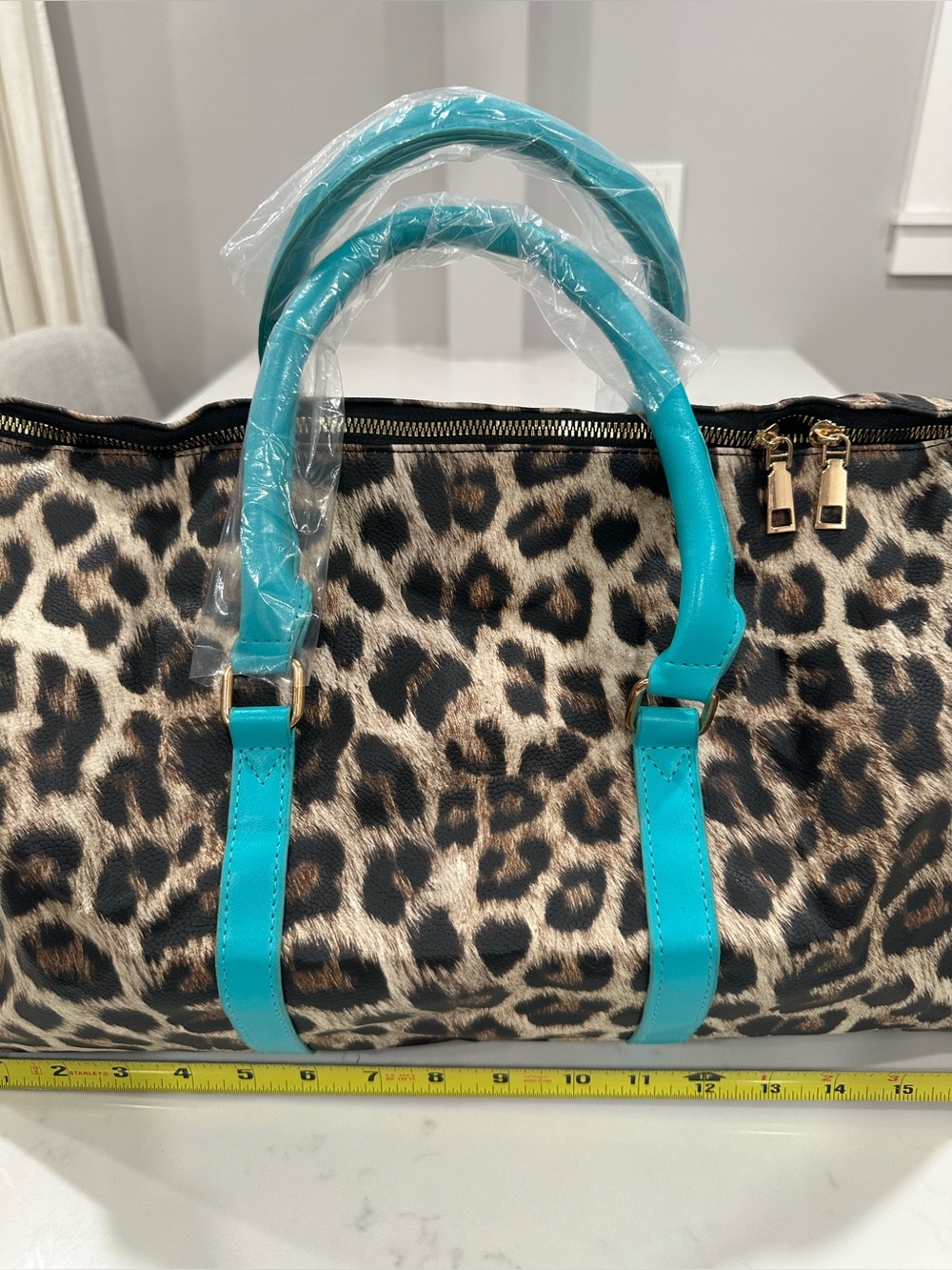 Leopard Print Weekender Duffel Bag Black Blue Travel Gym Overnight Tote - Picture 2 of 9